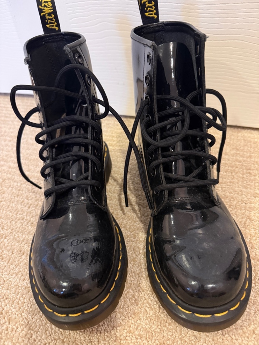 Dr. Martens Black Patent Lace-Up Boots with Yellow Stitching - Picture 5 of 6